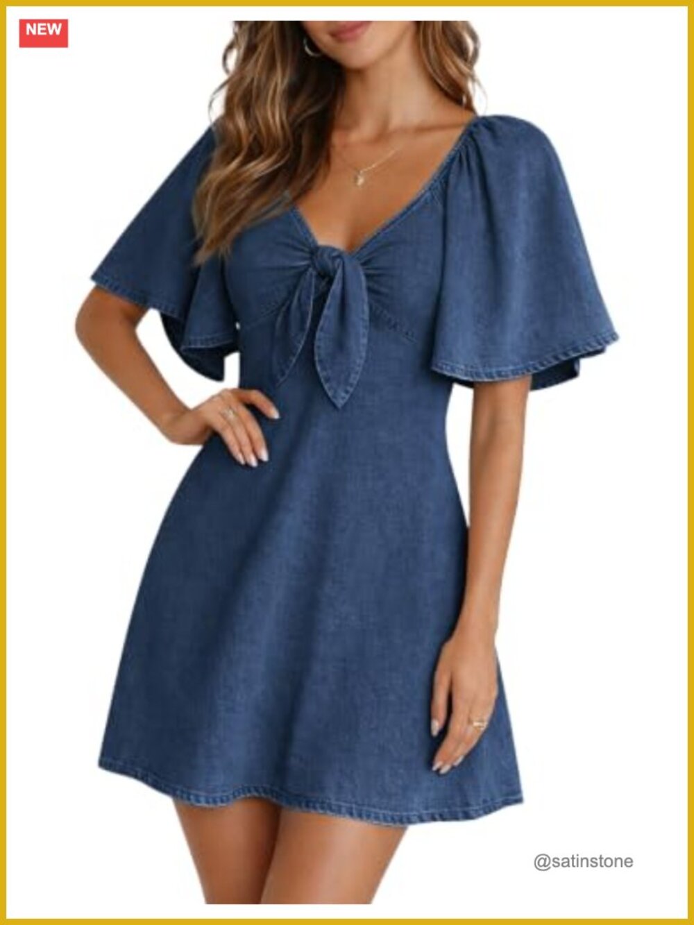 Denim Dress Tie Front Flutter Sleeve Smocked Back Fit Flare Jean Dress